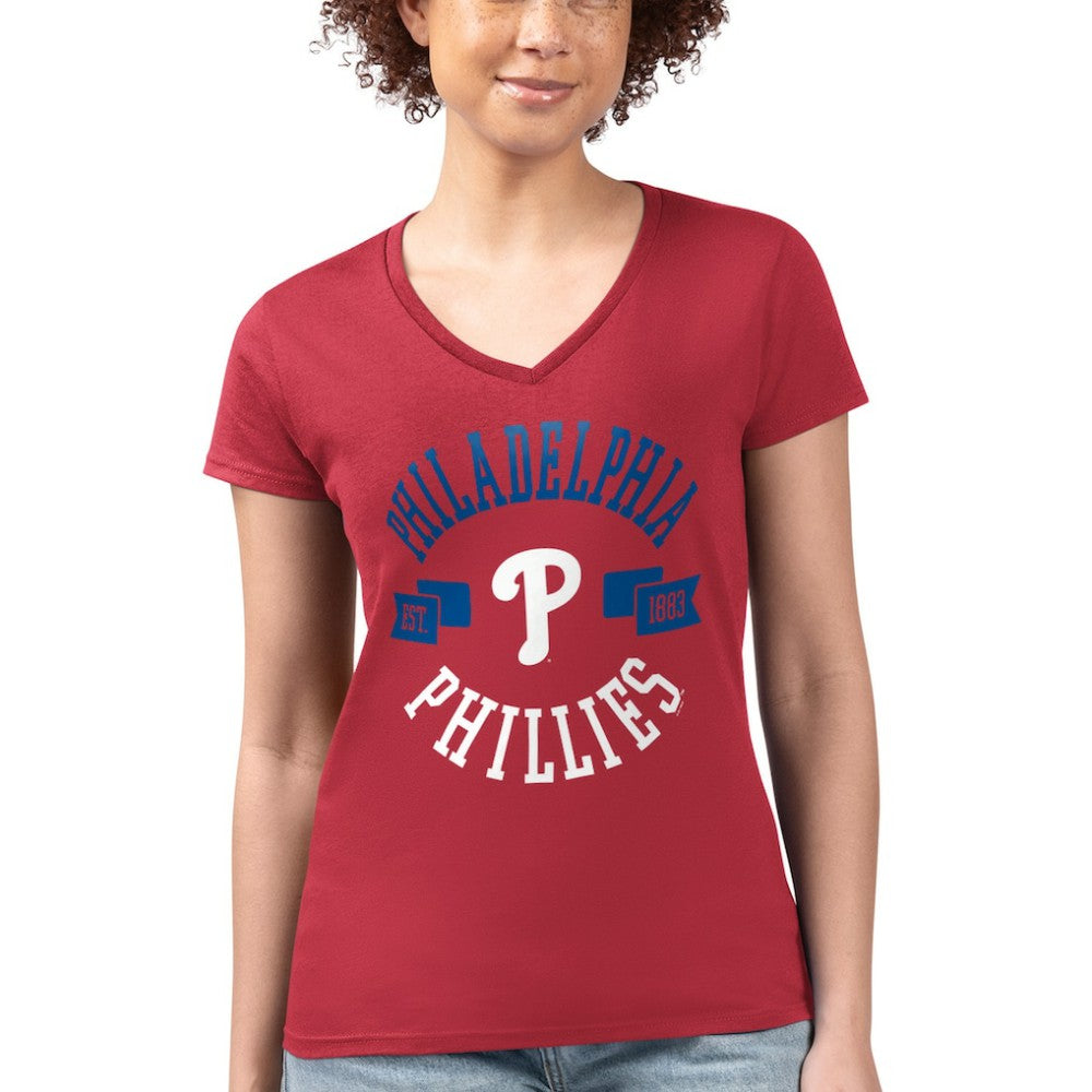 Philadelphia Phillies G-III 4Her by Carl Banks Women's Super-Slim Fit Lightweight City Graphic V-Neck T-Shirt Red