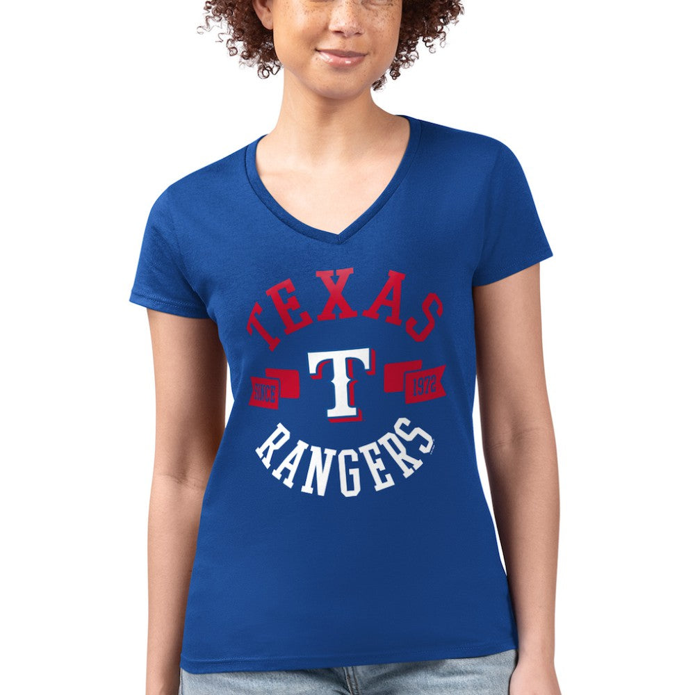 Texas Rangers G-III 4Her by Carl Banks Women's Super-Slim Fit Lightweight City Graphic V-Neck T-Shirt Royal