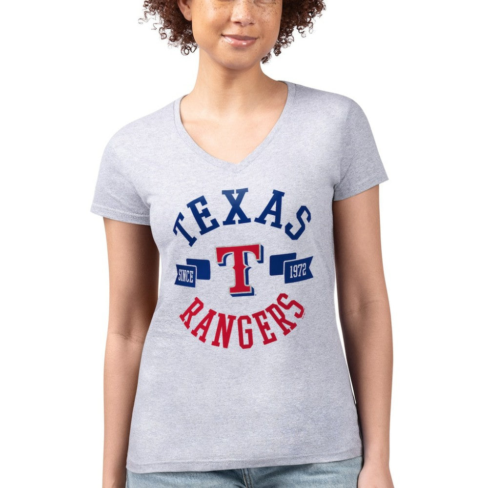 Texas Rangers G-III 4Her by Carl Banks Women's Super-Slim Fit Lightweight City Graphic V-Neck T-Shirt Heather Gray