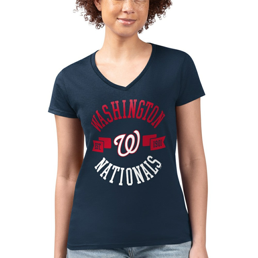 Washington Nationals G-III 4Her by Carl Banks Women's Super-Slim Fit Lightweight City Graphic V-Neck T-Shirt Navy