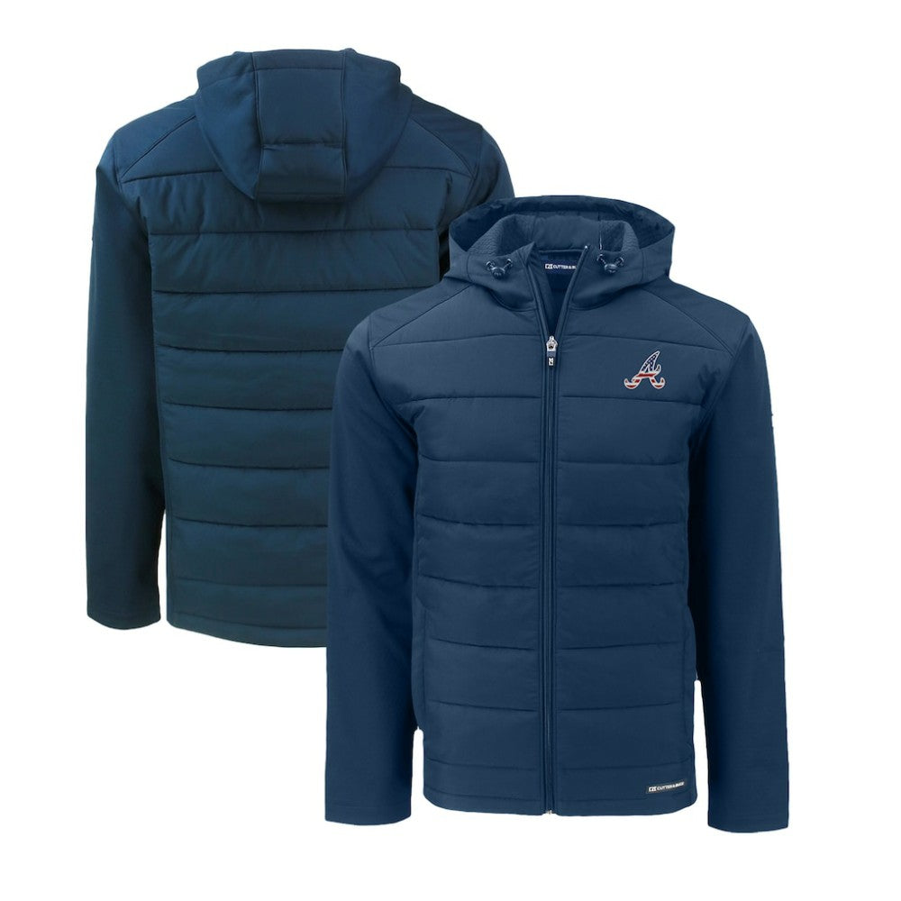 Atlanta Braves Cutter & Buck Stars & Stripes Evoke Hybrid Eco Softshell Recycled Full-Zip Hoodie Jacket Navy