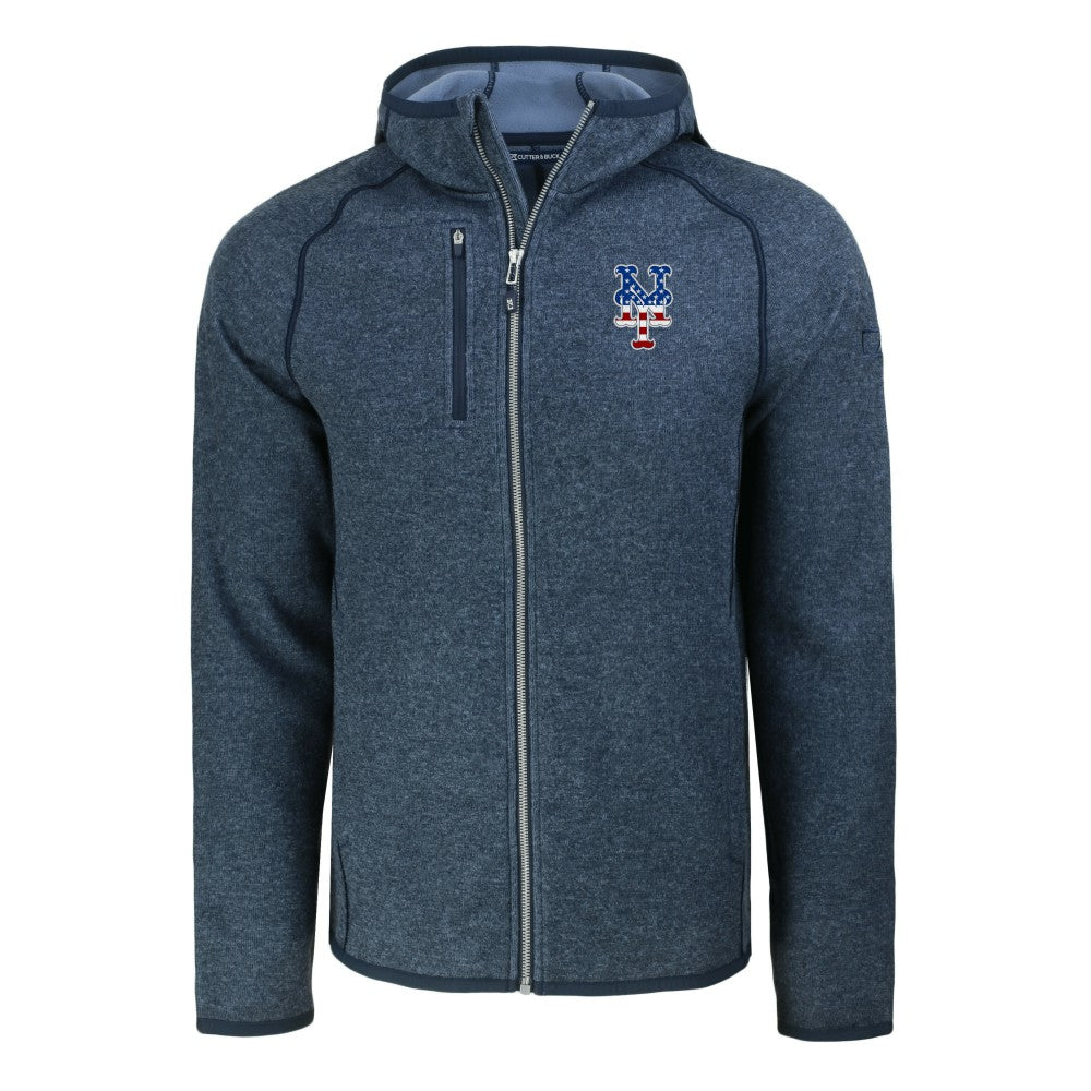 New York Mets Cutter & Buck Stars & Stripes Mainsail Sweater-Knit Full-Zip Hoodie Heather Navy
