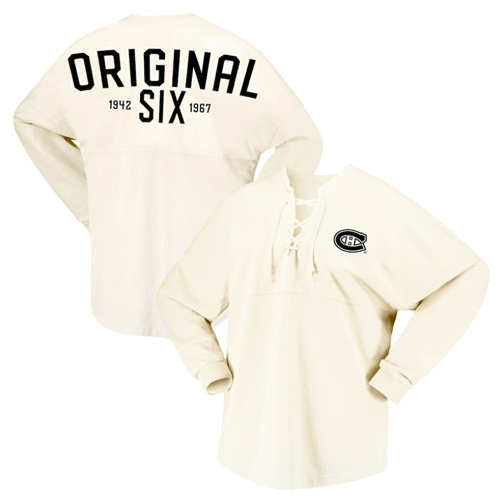 Montreal Canadiens Fanatics Women's Original Six Lace-Up Spirit Jersey Long Sleeve T-Shirt - Cream T-shirts