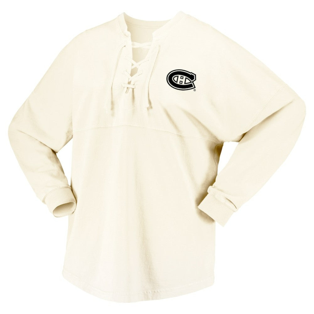 Montreal Canadiens Fanatics Women's Original Six Lace-Up Spirit Jersey Long Sleeve T-Shirt - Cream T-shirts