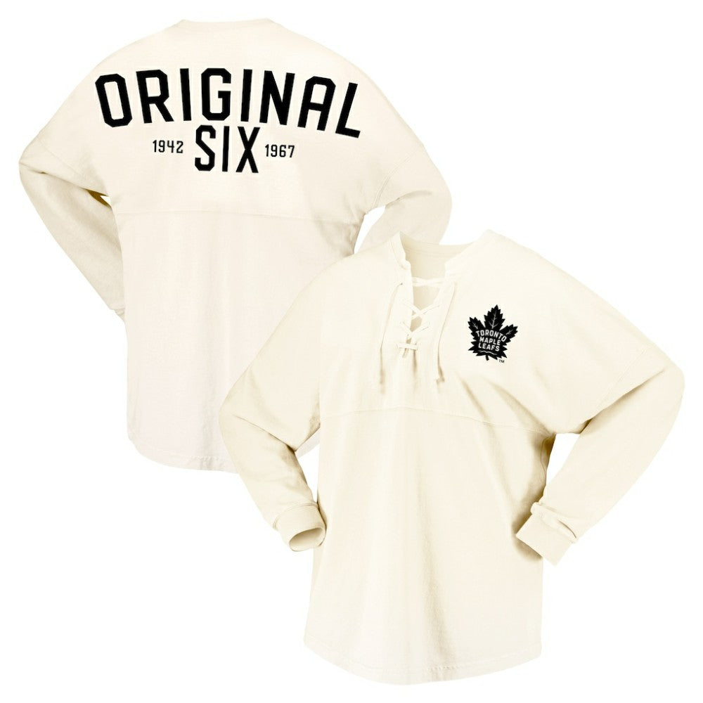 Toronto Maple Leafs Fanatics Women's Original Six Lace-Up Spirit Jersey Long Sleeve T-Shirt - Cream T-shirts