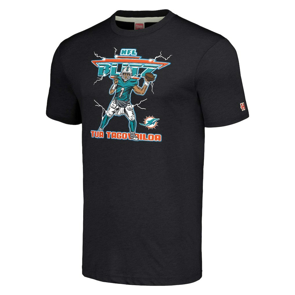 Tua Tagovailoa Miami Dolphins Homage Unisex NFL Blitz Player Tri-Blend T-Shirt - Heathered Heather Black discount