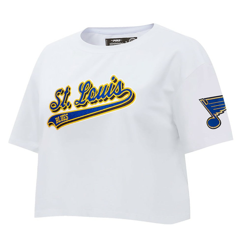 St. Louis Blues Pro Standard Women's Boxy Script Tail Cropped T-Shirt - White T-shirts