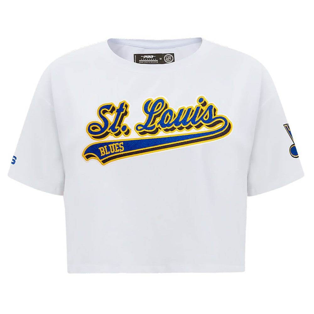 St. Louis Blues Pro Standard Women's Boxy Script Tail Cropped T-Shirt - White T-shirts