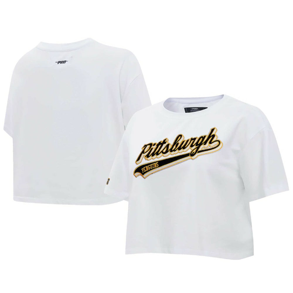 Pittsburgh Penguins Pro Standard Women's Boxy Script Tail Cropped T-Shirt - White T-shirts