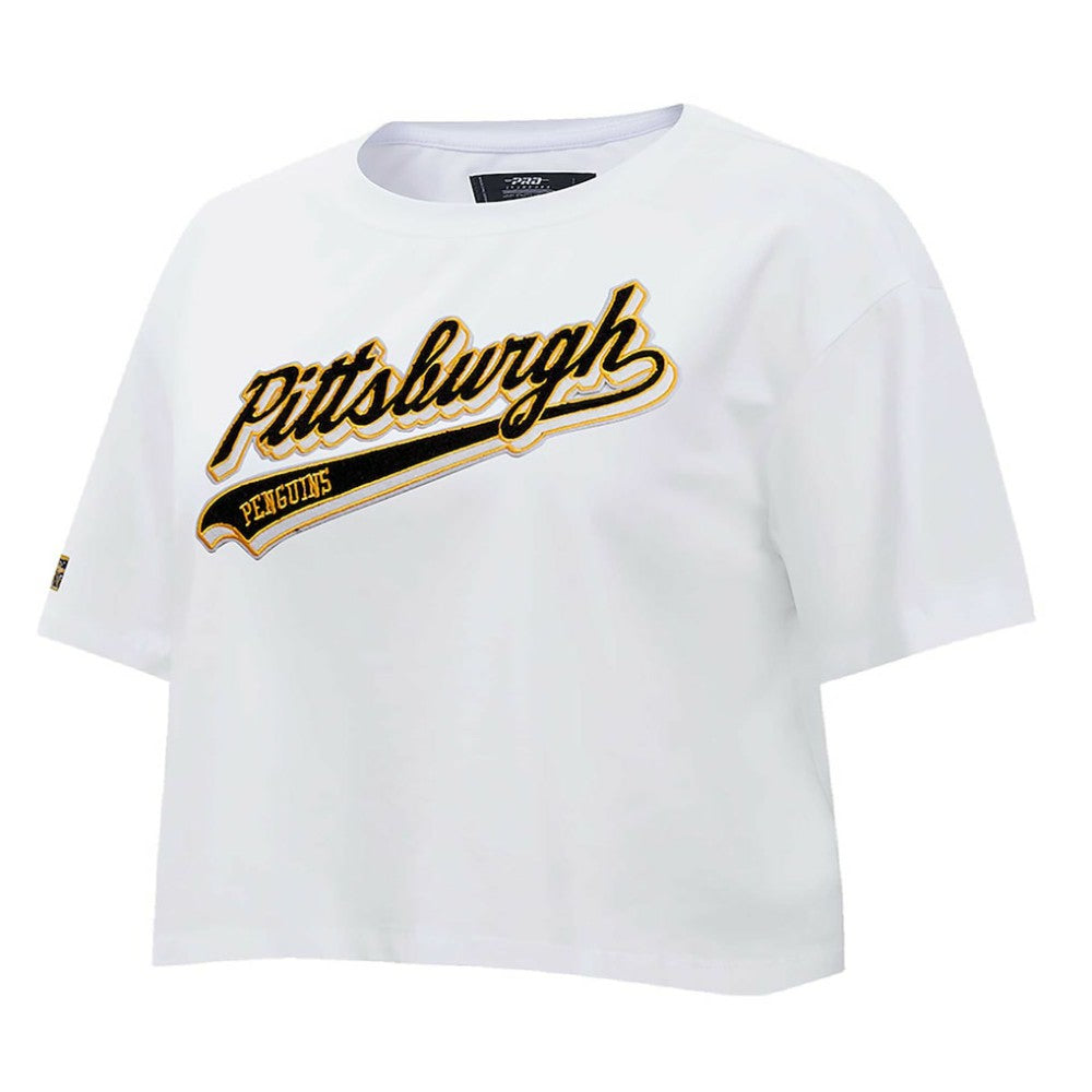 Pittsburgh Penguins Pro Standard Women's Boxy Script Tail Cropped T-Shirt - White T-shirts