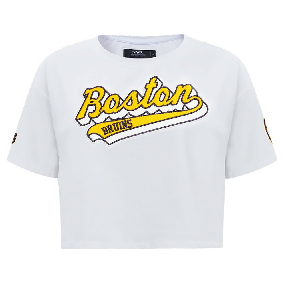 Boston Bruins Pro Standard Women's Boxy Script Tail Cropped T-Shirt - White T-shirts