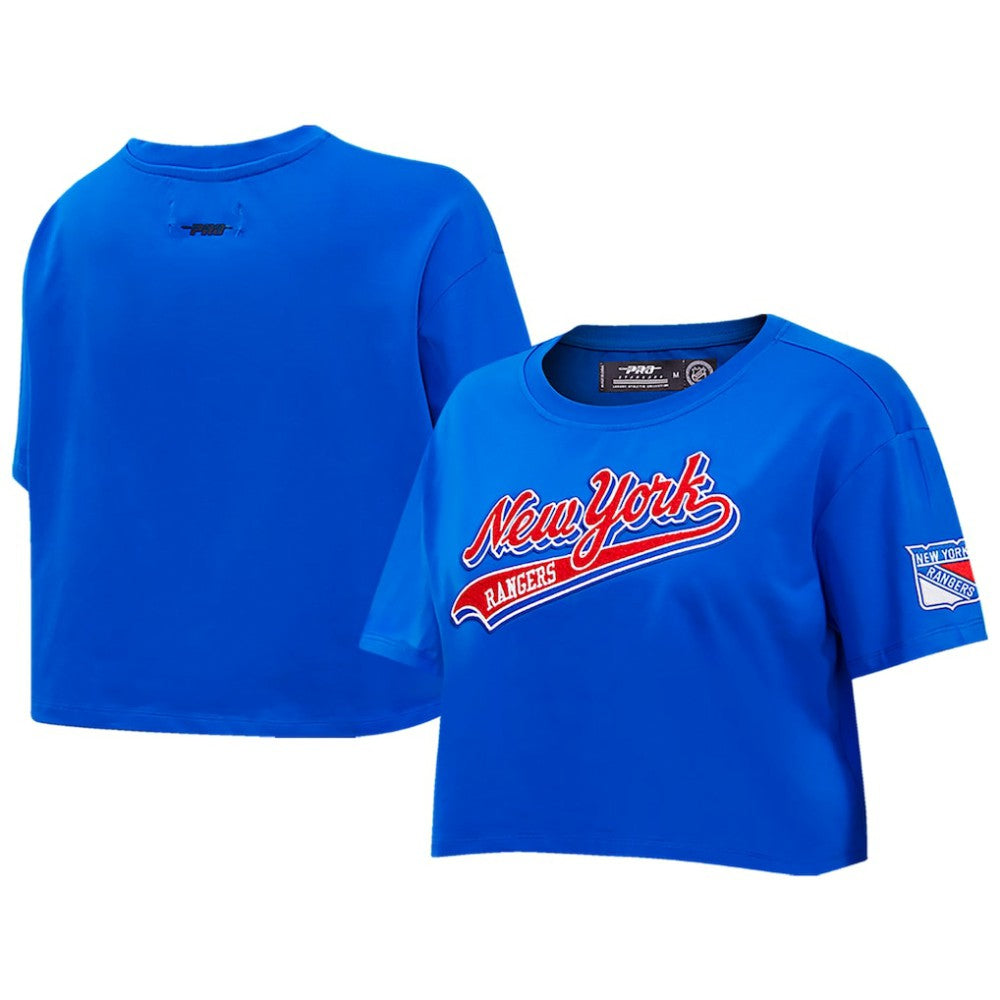 New York Rangers Pro Standard Women's Boxy Script Tail Cropped T-Shirt - Blue T-shirts