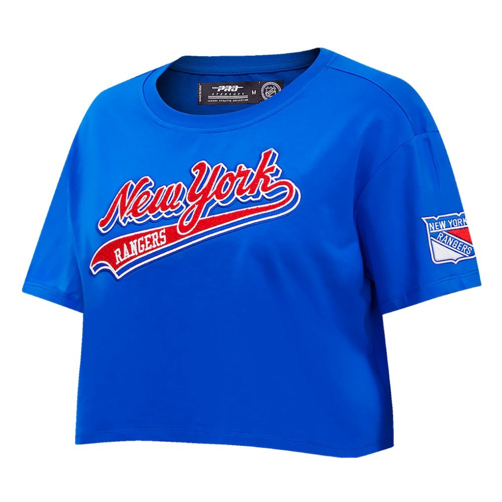 New York Rangers Pro Standard Women's Boxy Script Tail Cropped T-Shirt - Blue T-shirts