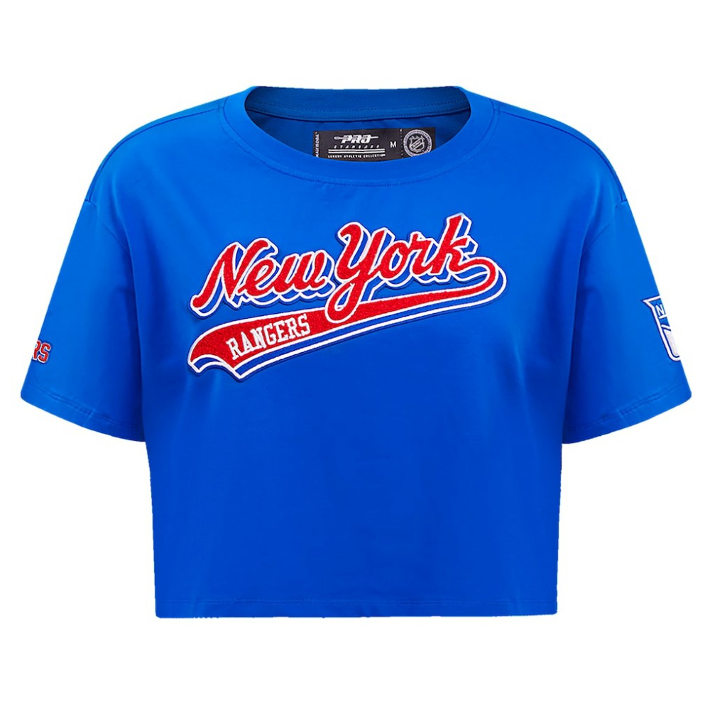 New York Rangers Pro Standard Women's Boxy Script Tail Cropped T-Shirt - Blue T-shirts