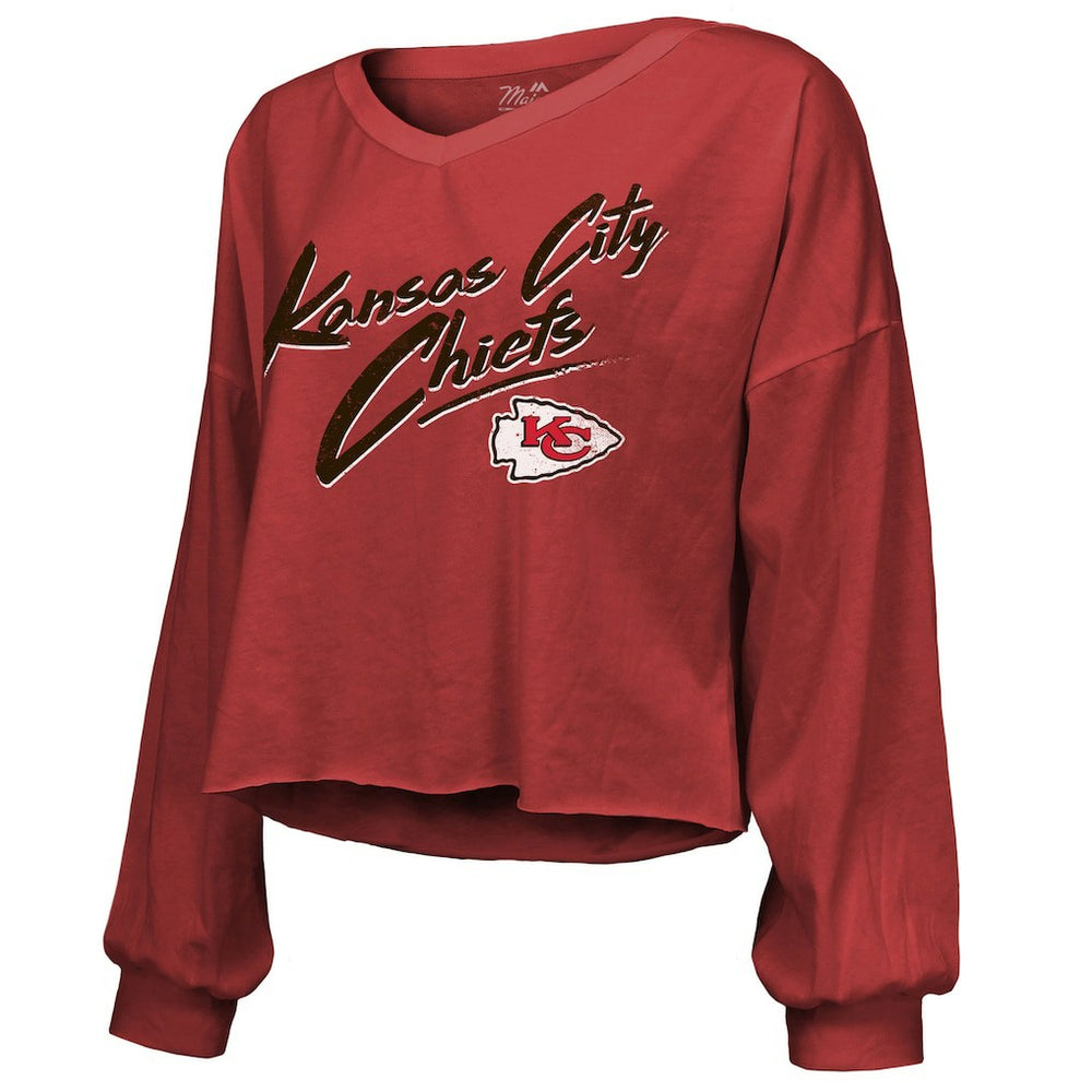 Travis Kelce Kansas City Chiefs Majestic Threads Women's Name & Number Off-Shoulder Script Cropped Long Sleeve V-Neck T-Shirt - Red for sale