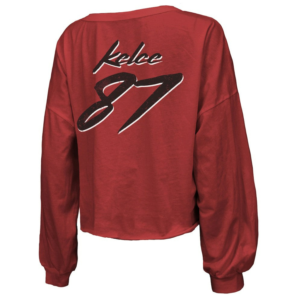 Travis Kelce Kansas City Chiefs Majestic Threads Women's Name & Number Off-Shoulder Script Cropped Long Sleeve V-Neck T-Shirt - Red for sale
