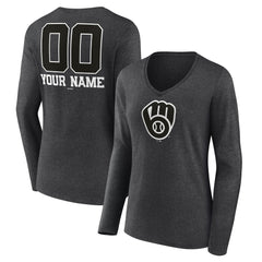 Milwaukee Brewers Women's Personalized Monochrome Name & Number Long Sleeve V-Neck T-Shirt Charcoal