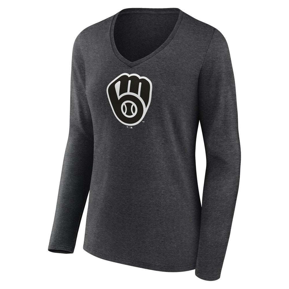 Milwaukee Brewers Women's Personalized Monochrome Name & Number Long Sleeve V-Neck T-Shirt Charcoal
