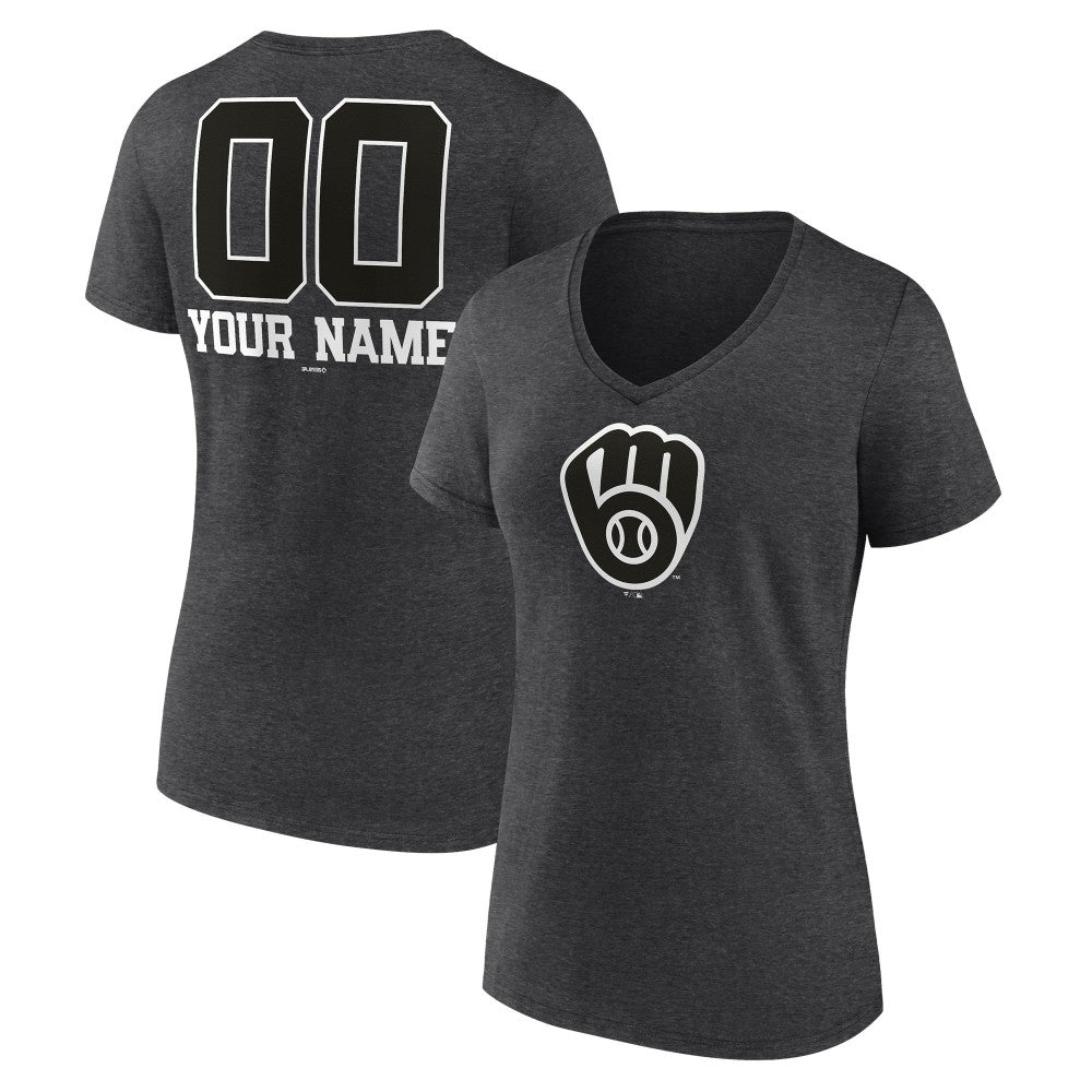Milwaukee Brewers Women's Personalized Monochrome Name & Number V-Neck T-Shirt Charcoal