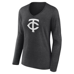 Minnesota Twins Women's Personalized Monochrome Name & Number Long Sleeve V-Neck T-Shirt Charcoal