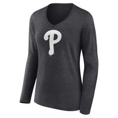 Philadelphia Phillies Women's Personalized Monochrome Name & Number Long Sleeve V-Neck T-Shirt Charcoal