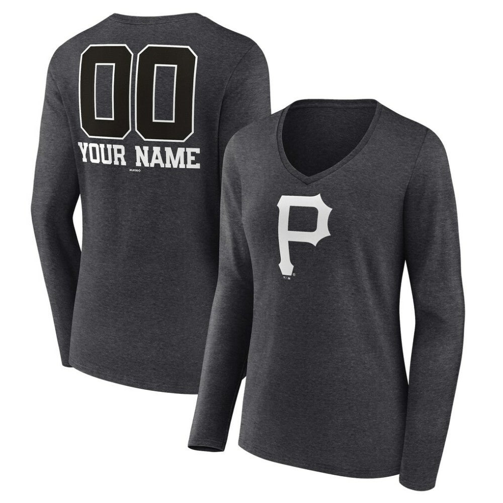 Pittsburgh Pirates Women's Personalized Monochrome Name & Number Long Sleeve V-Neck T-Shirt Charcoal