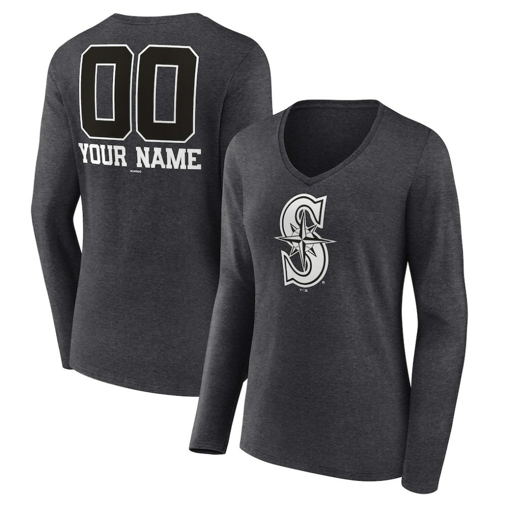 Seattle Mariners Women's Personalized Monochrome Name & Number Long Sleeve V-Neck T-Shirt Charcoal