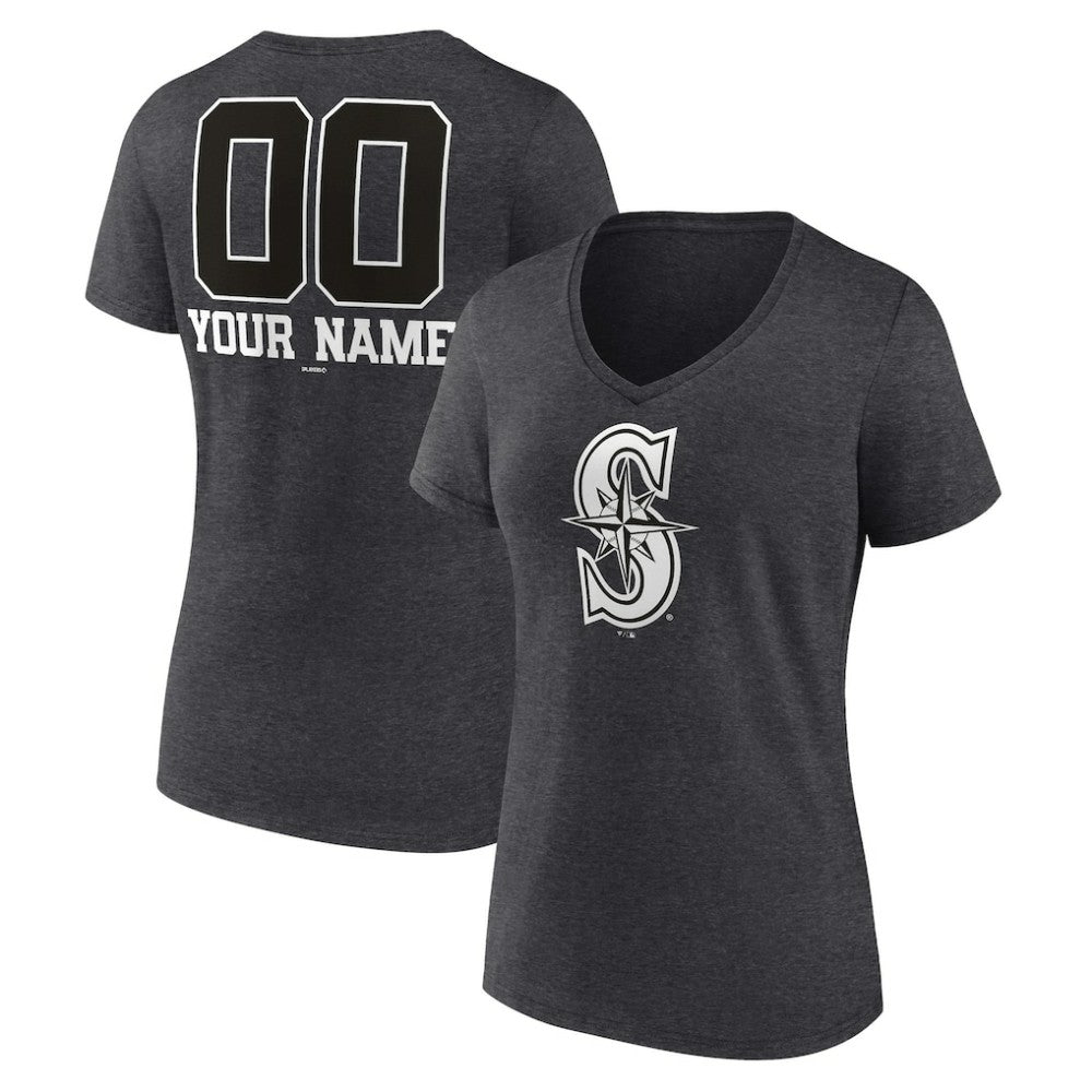 Seattle Mariners Women's Personalized Monochrome Name & Number V-Neck T-Shirt Charcoal