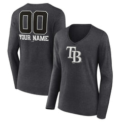 Tampa Bay Rays Women's Personalized Monochrome Name & Number Long Sleeve V-Neck T-Shirt Charcoal