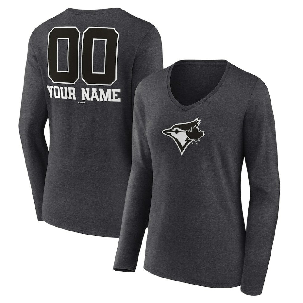 Toronto Blue Jays Women's Personalized Monochrome Name & Number Long Sleeve V-Neck T-Shirt Charcoal