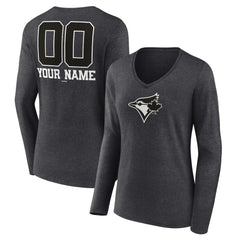 Toronto Blue Jays Women's Personalized Monochrome Name & Number Long Sleeve V-Neck T-Shirt Charcoal