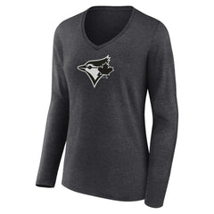 Toronto Blue Jays Women's Personalized Monochrome Name & Number Long Sleeve V-Neck T-Shirt Charcoal