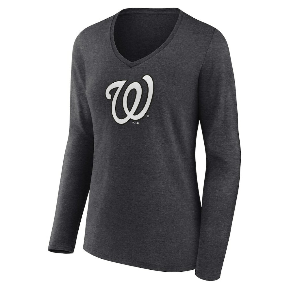 Washington Nationals Women's Personalized Monochrome Name & Number Long Sleeve V-Neck T-Shirt Charcoal