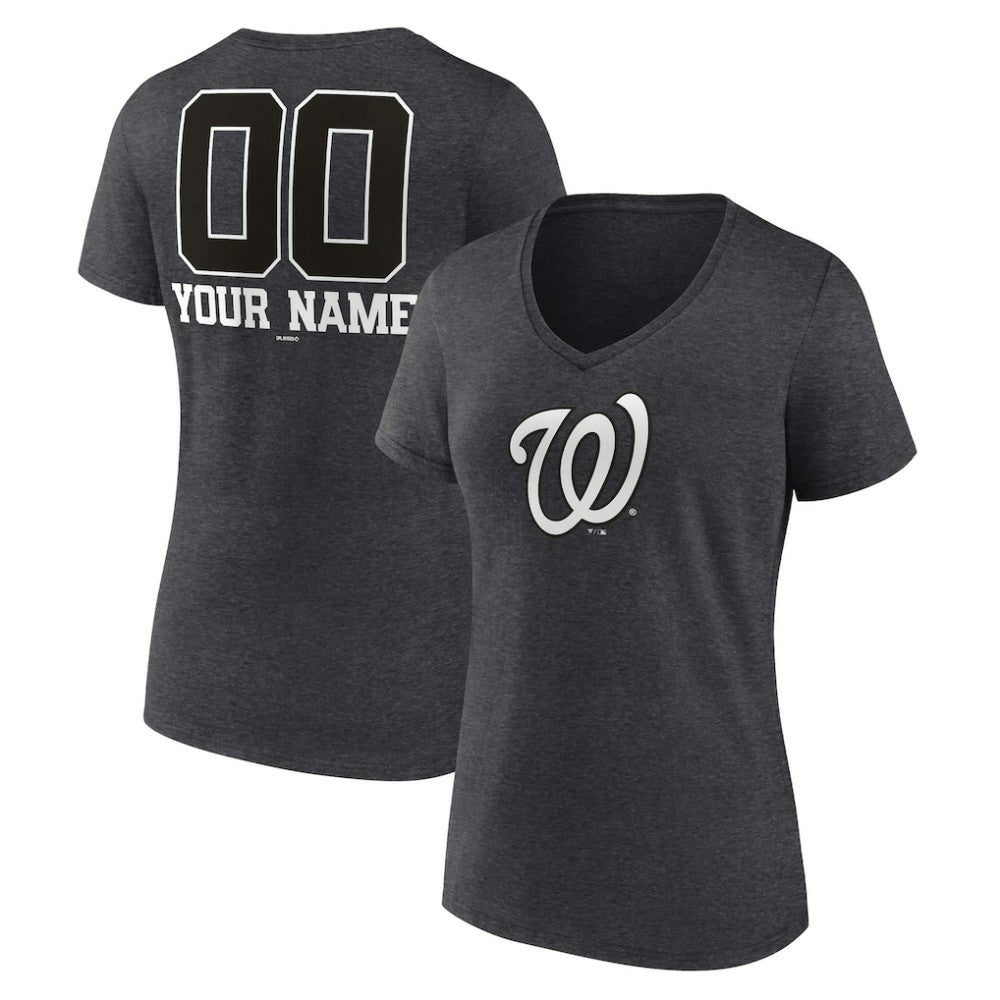 Washington Nationals Women's Personalized Monochrome Name & Number V-Neck T-Shirt Charcoal