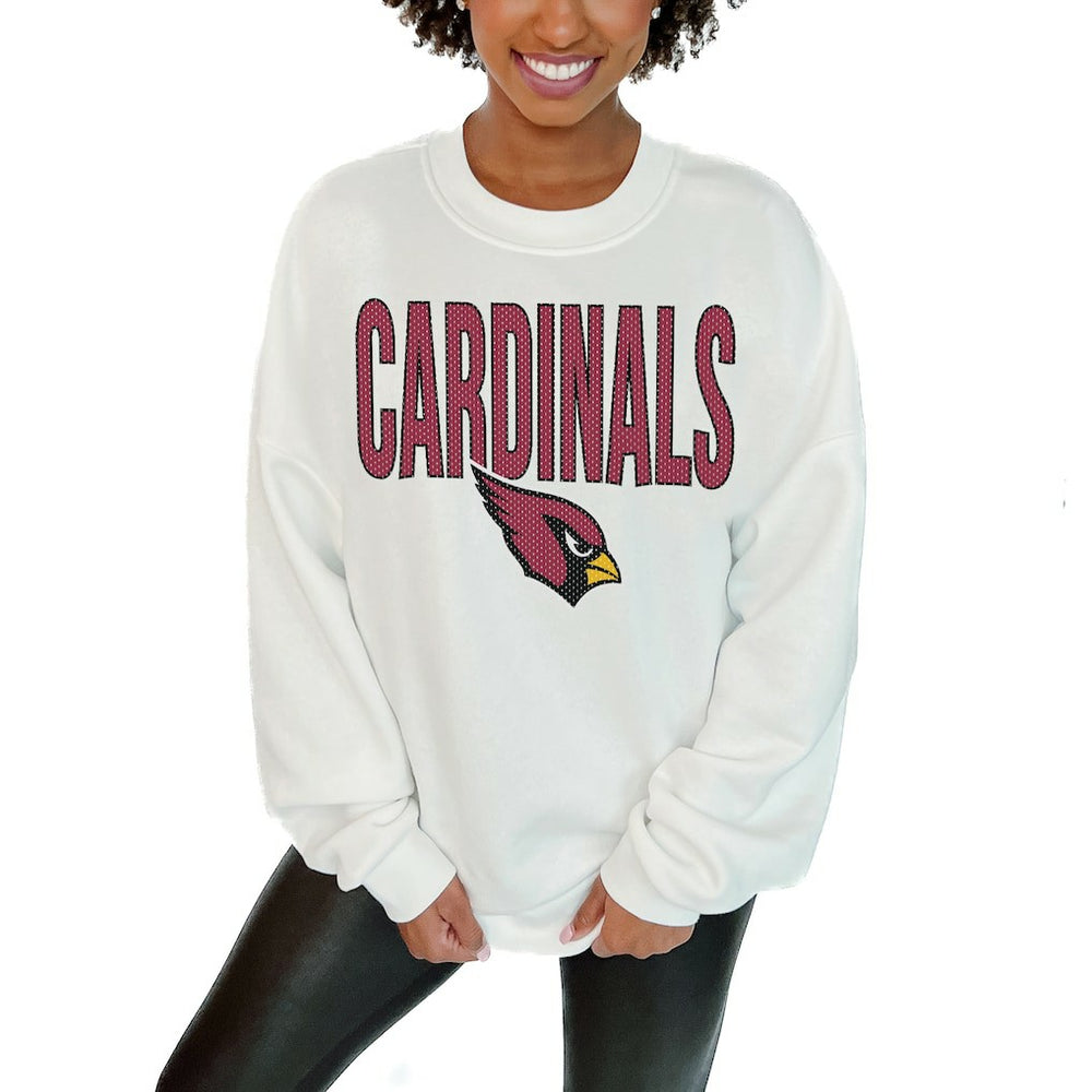Arizona Cardinals Gameday Couture Women's Just Go With It Oversized Long Sleeve Crewneck Sweatshirt – White for sale