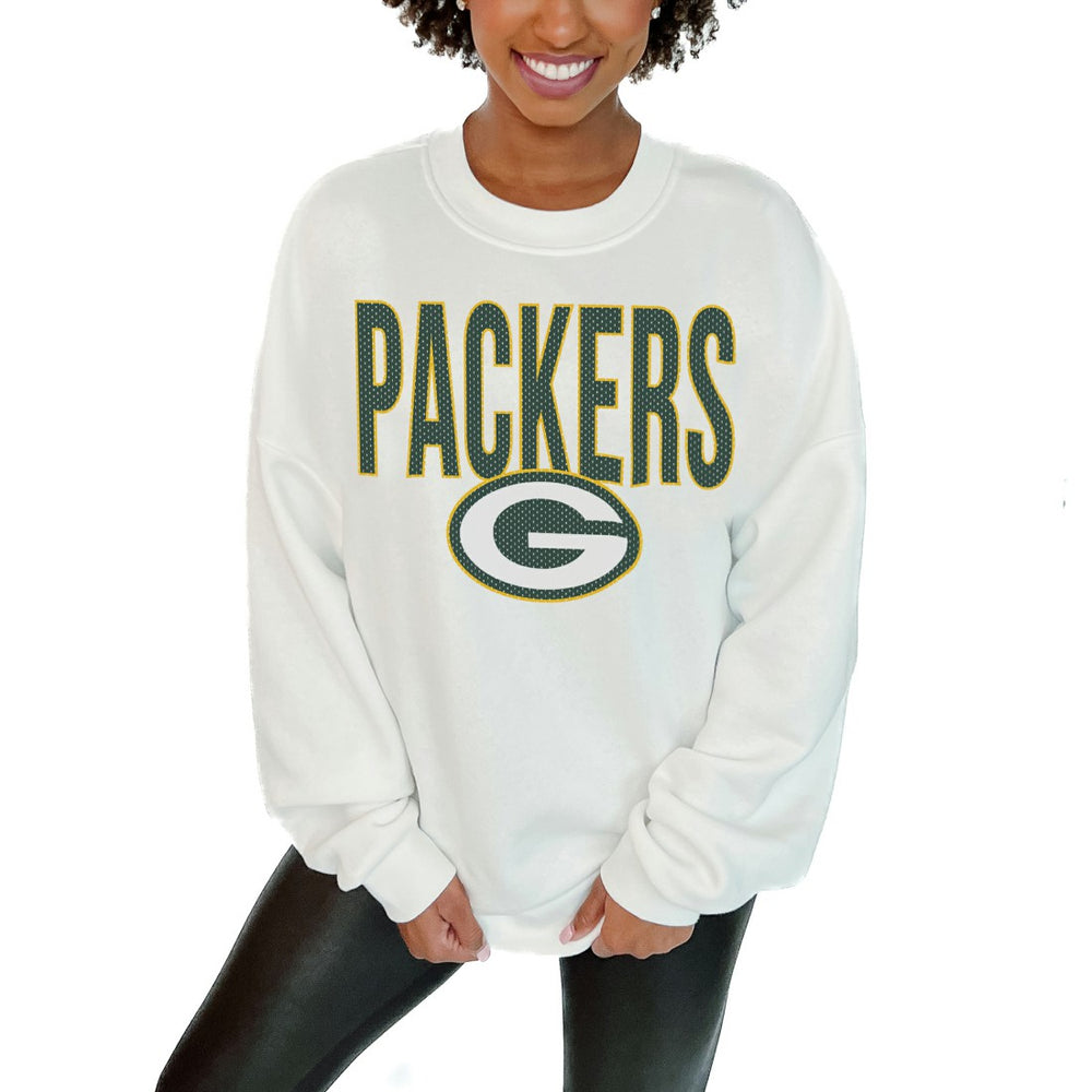 Green Bay Packers Gameday Couture Women's Just Go With It Oversized Long Sleeve Crewneck Sweatshirt – White on sale