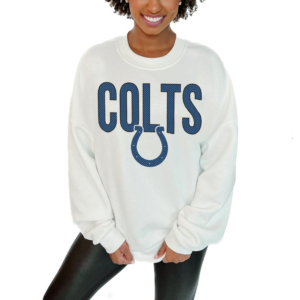 Indianapolis Colts Gameday Couture Women's Just Go With It Oversized Long Sleeve Crewneck Sweatshirt – White on sale