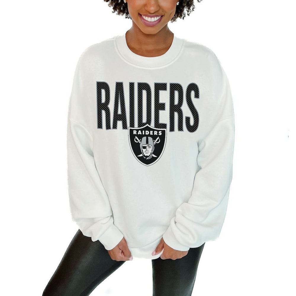 Las Vegas Raiders Gameday Couture Women's Just Go With It Oversized Long Sleeve Crewneck Sweatshirt – White sale