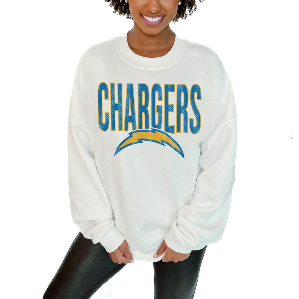 Los Angeles Chargers Gameday Couture Women's Just Go With It Oversized Long Sleeve Crewneck Sweatshirt – White for sale