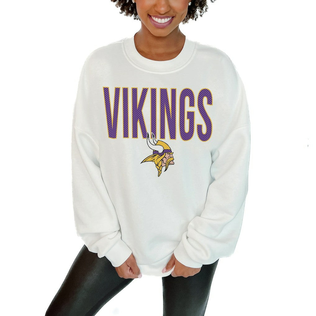 Minnesota Vikings Gameday Couture Women's Just Go With It Oversized Long Sleeve Crewneck Sweatshirt – White for sale