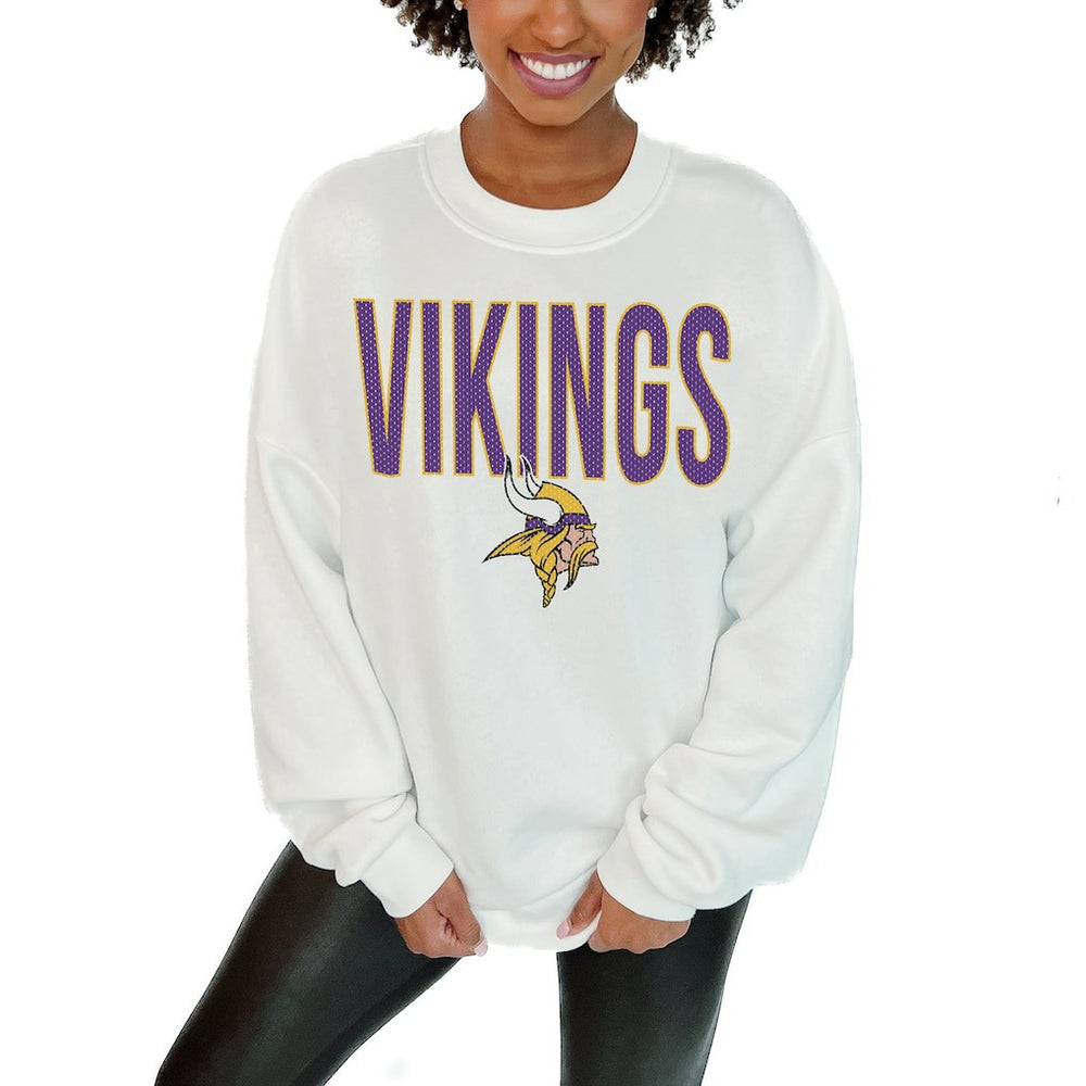 Minnesota Vikings Gameday Couture Women's Just Go With It Oversized Long Sleeve Crewneck Sweatshirt – White for sale