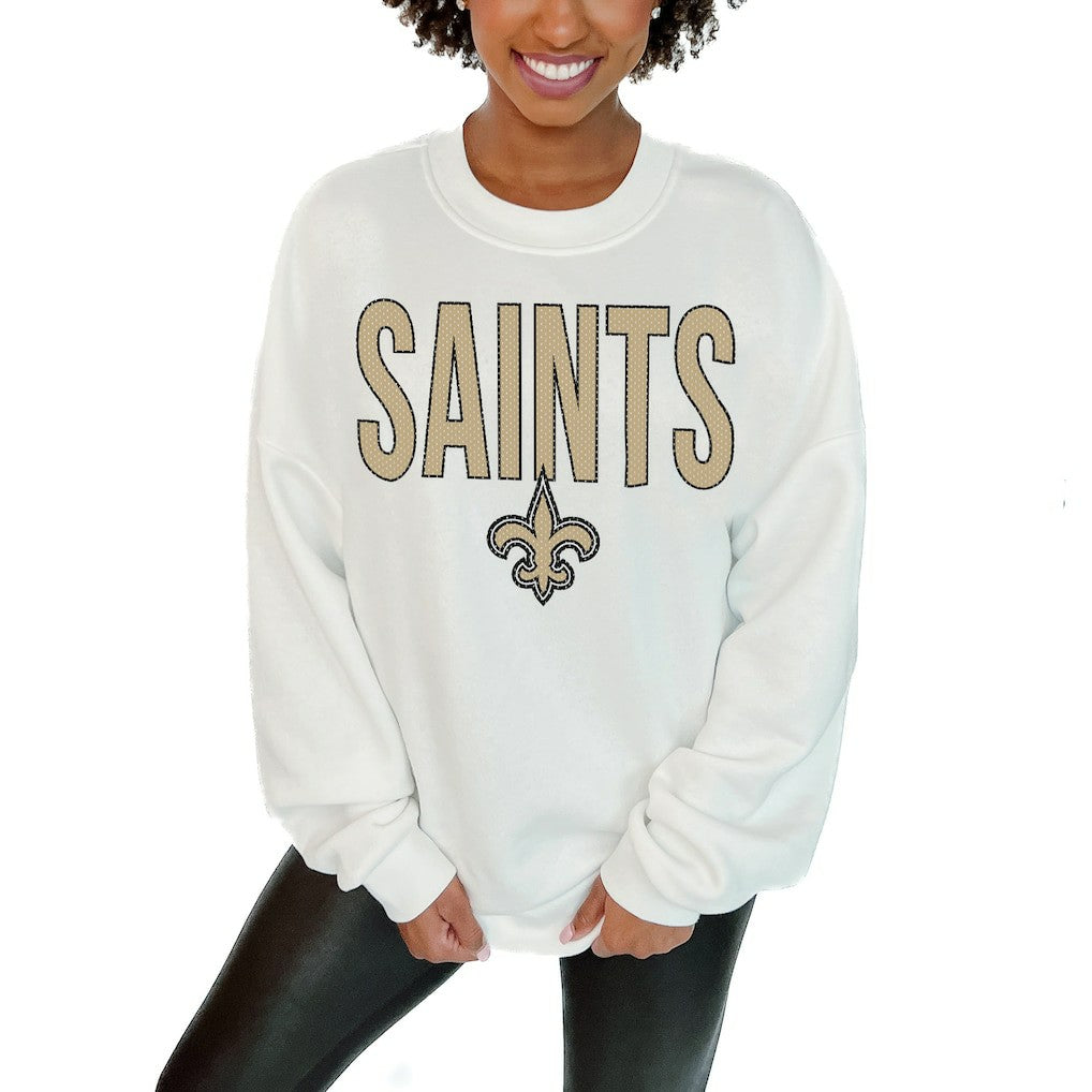 New Orleans Saints Gameday Couture Women's Just Go With It Oversized Long Sleeve Crewneck Sweatshirt – White online