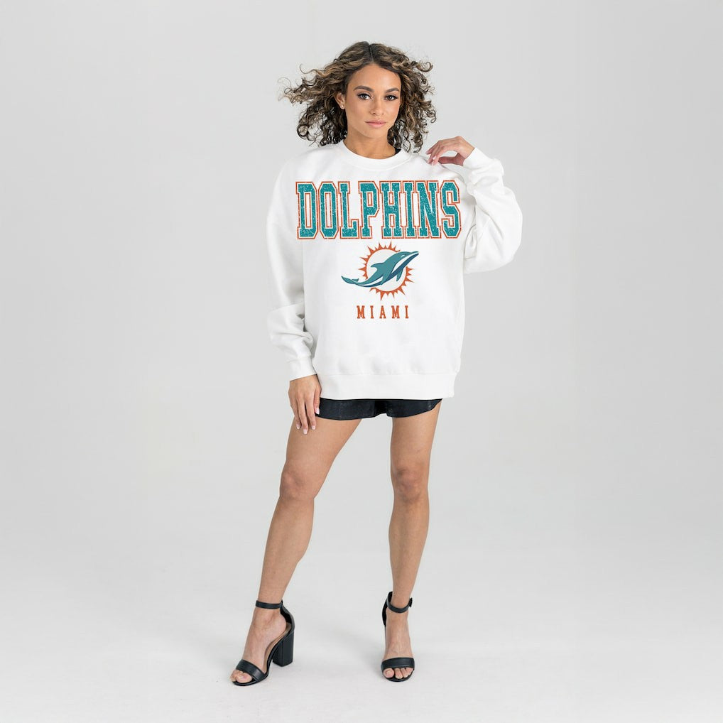 Miami Dolphins Gameday Couture Women's Sunday Drives Oversized Crewneck Pullover Sweatshirt – White outlet