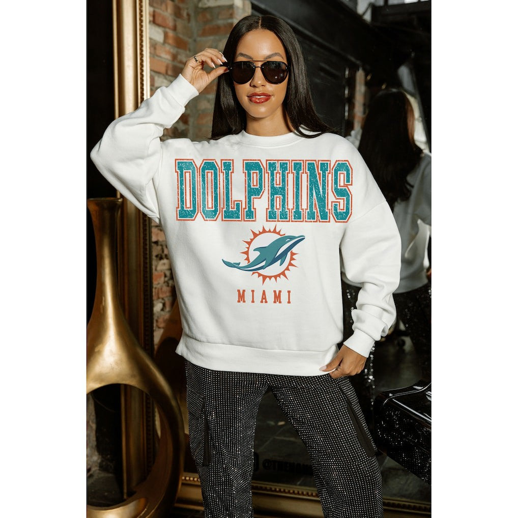 Miami Dolphins Gameday Couture Women's Sunday Drives Oversized Crewneck Pullover Sweatshirt – White outlet