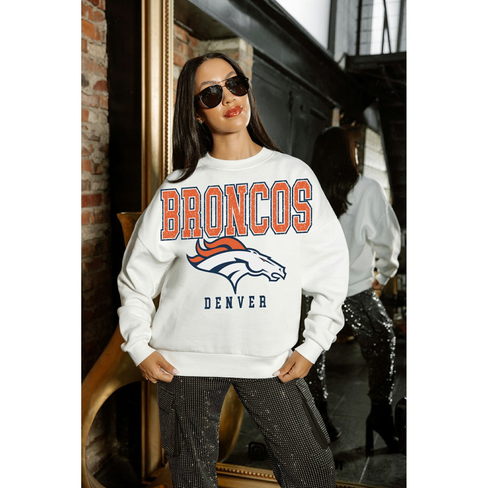 Denver Broncos Gameday Couture Women's Sunday Drives Oversized Crewneck Pullover Sweatshirt – White outlet
