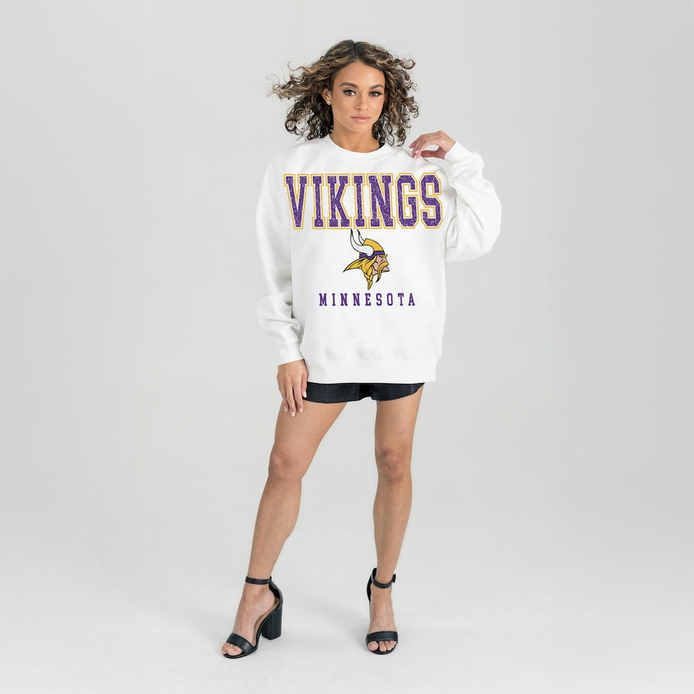 Minnesota Vikings Gameday Couture Women's Sunday Drives Oversized Crewneck Pullover Sweatshirt – White outlet
