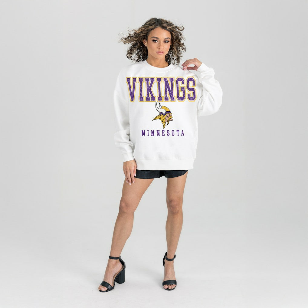 Minnesota Vikings Gameday Couture Women's Sunday Drives Oversized Crewneck Pullover Sweatshirt – White outlet