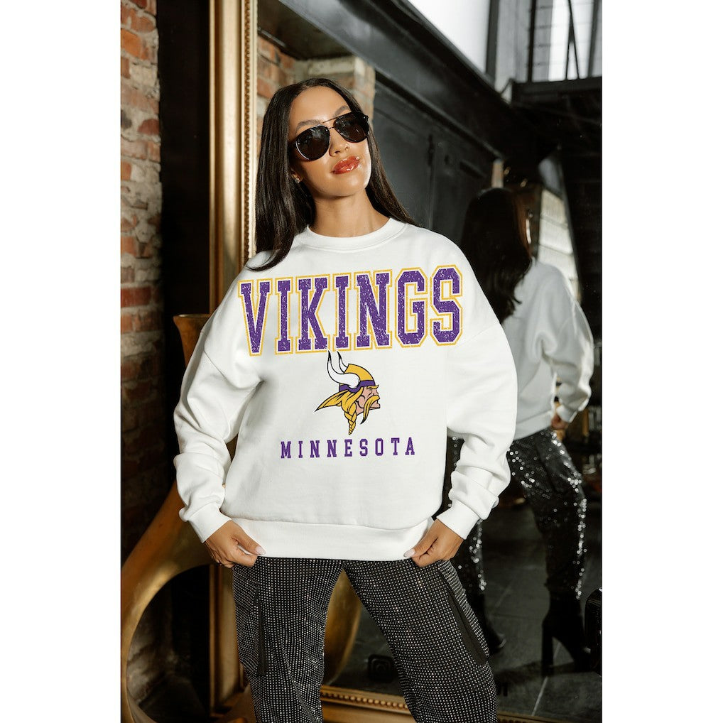 Minnesota Vikings Gameday Couture Women's Sunday Drives Oversized Crewneck Pullover Sweatshirt – White outlet