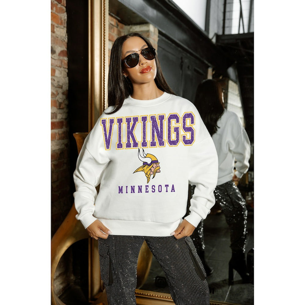 Minnesota Vikings Gameday Couture Women's Sunday Drives Oversized Crewneck Pullover Sweatshirt – White outlet