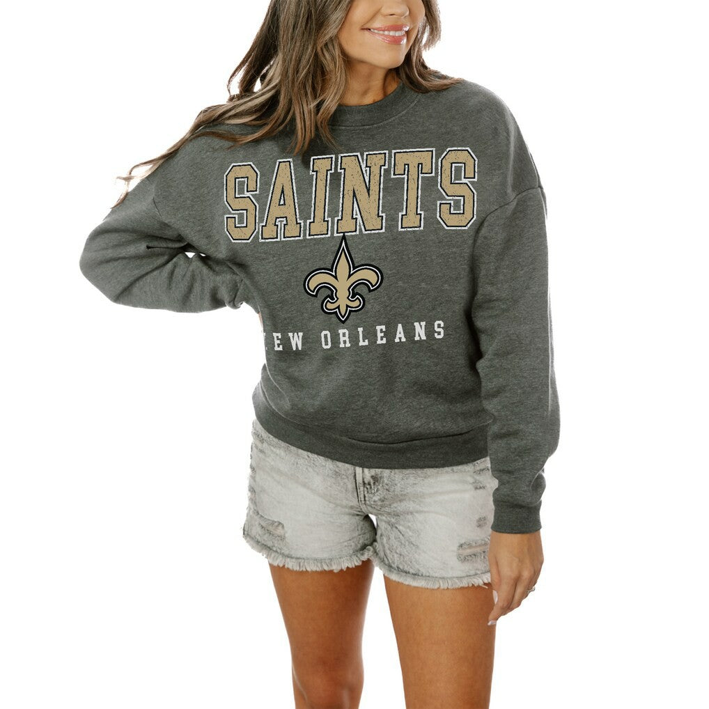 New Orleans Saints Gameday Couture Women's Oversized Bring The Energy Pullover Sweatshirt – Charcoal for sale